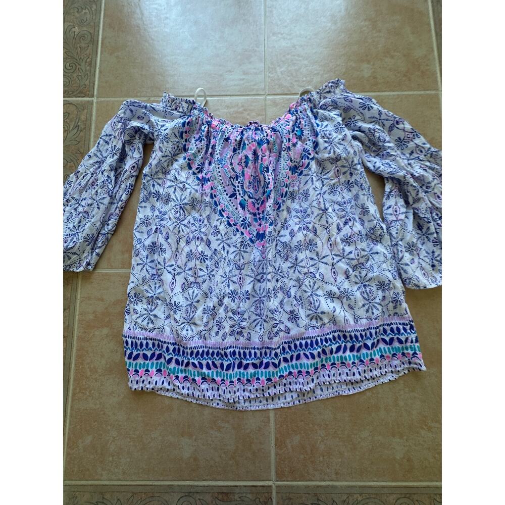 Lilly Pulitzer Nevie Off-the-Shoulder Top Women's XS Blue White Bell Sleeve - Picture 8 of 8